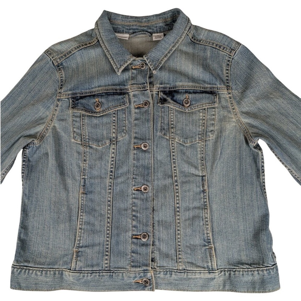 Liz Claiborne Blue Denim Trucker Jacket Womens XL Stretch Cotton Medium Wash - Picture 2 of 16